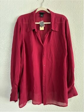 100% silk Red Button-Up Sheer Blouse